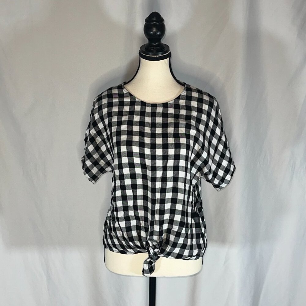 Madewell Buffalo Check black & White Button Back Tie Tee Blouse Medium - Picture 2 of 11